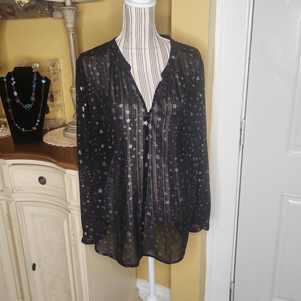 Two by Vince Camuto black sheer silver star blouse women's size XL